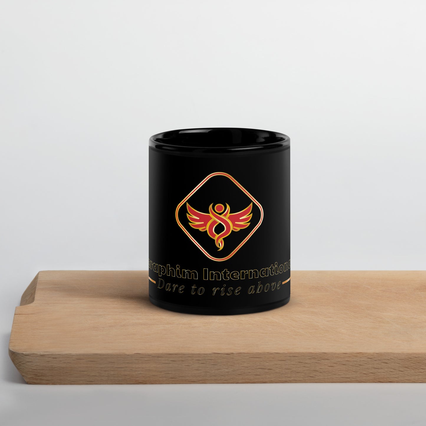Seraphim International Iconic Angel Logo Black Glossy Mug